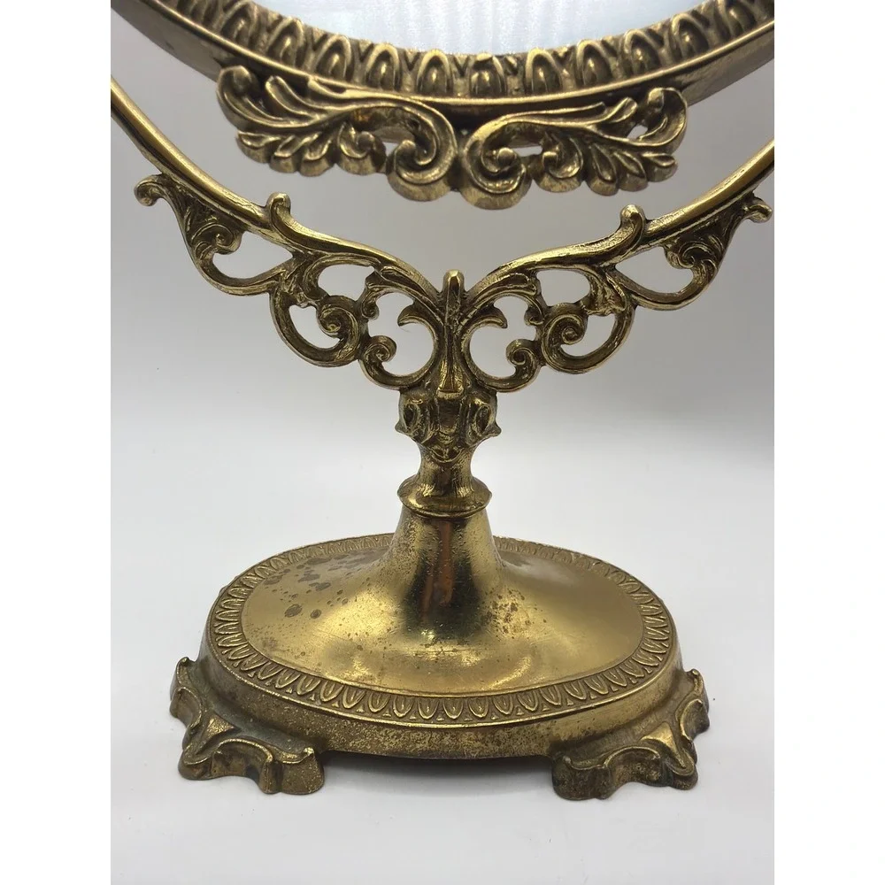 Vintage Brass Ornate Tabletop Vanity Mirror Swivel Oval Pedestal Victorian Style